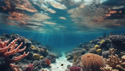 Poster Underwater coral reef seabed view with horizon and water surface split by waterline © Adi