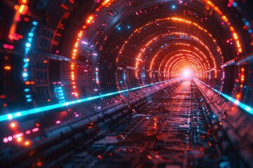 Spectacular Sci-Fi Futurism: Abstract 3D Background with Dynamic Neon Lights Illuminating Intricate Patterns in Circular Room