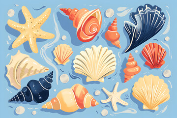 Various types of sea shells and starfish on an azure background
