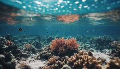 Fototapeta na wymiar Underwater coral reef seabed view with horizon and water surface split by waterline