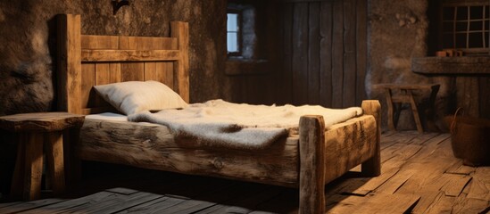 A room featuring a handmade bed constructed from logs, adding a rustic and natural element to the space. The bed is the centerpiece, showcasing its sturdy and unique design.