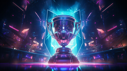 Gleaming eSports trophy on a stage bathed in neon lights capturing the pinnacle of gaming glory and competition