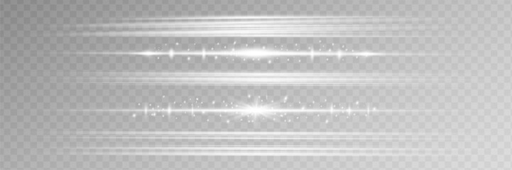 White horizontal lens flares pack. Laser beams, horizontal light rays. Luminous abstract sparkling lined background.