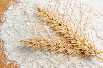 Spikelets and wheat flour on wooden background.