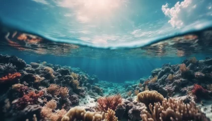 Plexiglas foto achterwand Underwater coral reef seabed view with horizon and water surface split by waterline © Adi