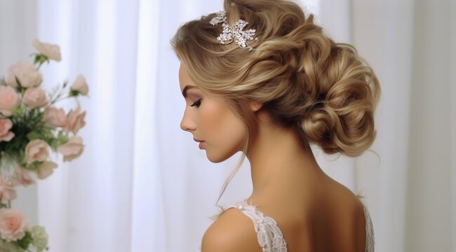 Elegant Bridal Hairstyle with Floral Accessory.