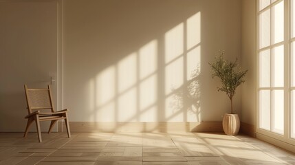 A blank empty room interior background featuring a modern Scandinavian design aesthetic, characterized by clean lines, light wood accents, and a serene atmosphere