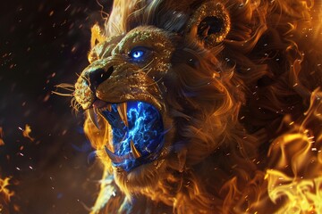 A majestic and formidable fire lion, with gold and black fur, emits bright blue flames from its mouth, surrounded by flame trails and a background of black flames - obrazy, fototapety, plakaty