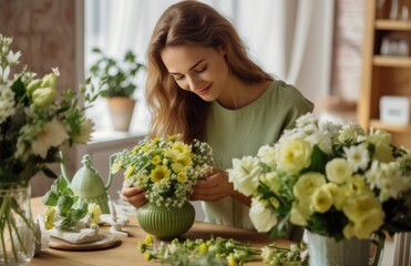 Obraz na płótnie Canvas woman decorating with flowers on a dining table