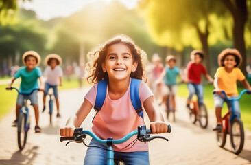 happy laughing children in bright T-shirts riding bicycles. children's Day. International Children's Day. a sunny day