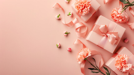 Mother's Day concept. Top view photo of trendy gift boxes with ribbon bows and carnations on solid pastel peach color background with copy space
