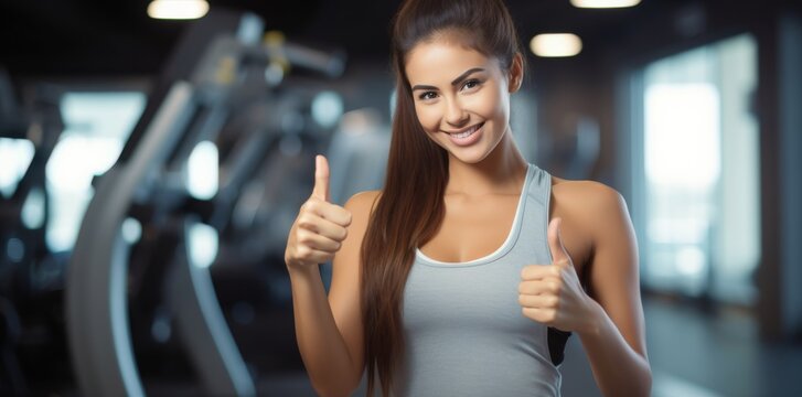 young fitness woman showing thumbs up showing thumbs up at gym