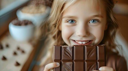 Indulging in a Decadent Chocolate Treat: A Young Girl with a Sweet Tooth. Concept Chocolate Cravings, Sweet Tooth Delights, Decadent Delights, Young Girl Indulgences, Tempting Treats - obrazy, fototapety, plakaty