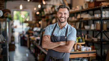 cheerful man with crossed arms wearing a denim shirt and a gray apron, standing in a cafe