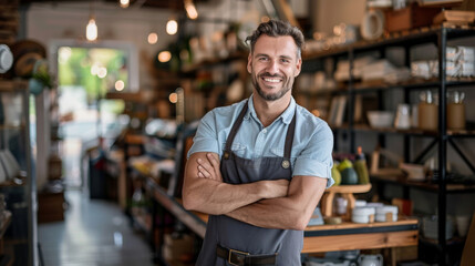 Obraz premium cheerful man with crossed arms wearing a denim shirt and a gray apron, standing in a cafe