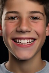 Front close up shot smiling male teenager perfect teeth visible, happy smiling boy.