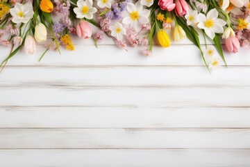 Bright pink flowers on white painted wooden planks. Selective focus. Place for text.