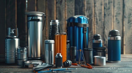 Assorted Modern Insulated Drinkware,  diverse collection of modern insulated bottles and containers, showcased with an artistic backdrop, perfect for outdoor activities and sustainable living - obrazy, fototapety, plakaty
