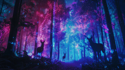 a digital dreamscape where fantasy creatures roam through neon-lit forests, their outlines blurred between pixels and reality