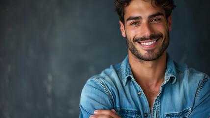 handsome man with dark hair in a denim shirt smiling at the camera - obrazy, fototapety, plakaty