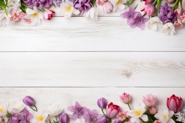 Bright pink flowers on white painted wooden planks. Selective focus. Place for text.