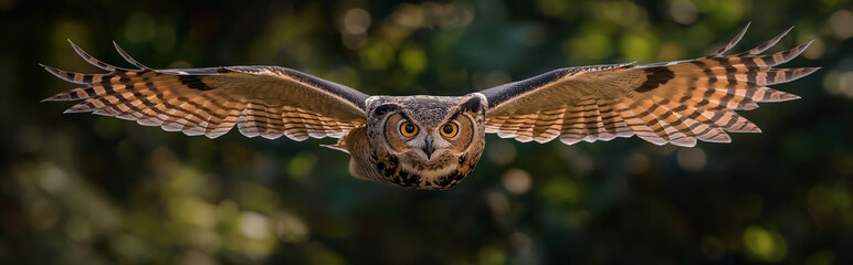 Obraz premium Owl spread wings flying.Panorama view. Generative AI