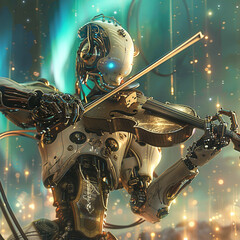 Close-up of a robot violinist, intricate mechanics at play, surrounded by a fantasy aurora
