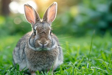 A detailed close-up of a rabbit with big furry ears and whiskers sitting in a field of green grass illuminated by sunlight