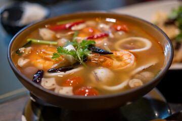 Tom yum, Thai Seafood spicy soup in bowl.
