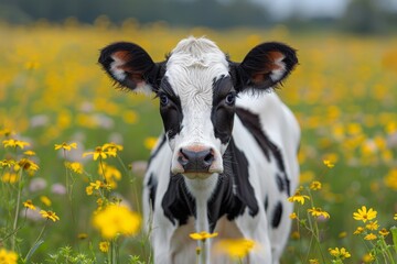 A curious black and white cow looking directly at the camera, standing amidst vibrant yellow wildflowers