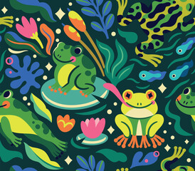 Funny cartoon frogs and tadpoles characters are jumping and swimming in the pond, seamless pattern - 748909078