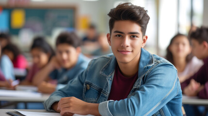 Fototapeta premium A confident student wearing a denim jacket sits at a desk in a classroom, smiling directly at the camera with his classmates engaged in their studies around him.
