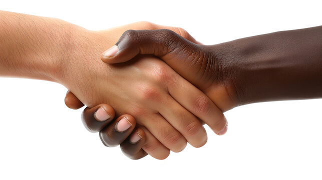 Cumprimento de m&atilde;os negras e brancas. Fundo transparente (PNG). Uso: diversidade, igualdade, conceitos de uni&atilde;o, design inclusivo