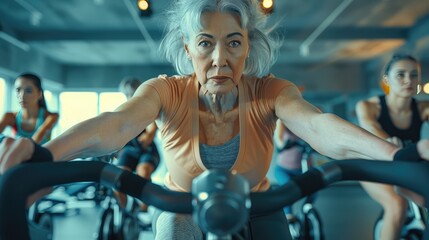 Fototapeta na wymiar Senior Woman's Determination at Fitness Class, focused senior woman with grey hair exercises on a stationary bike in a group fitness class, embodying active aging and health