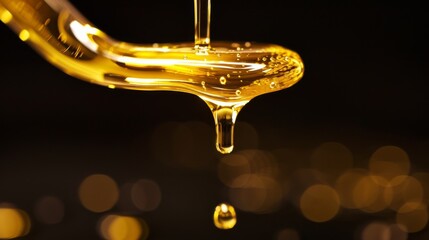 Honey dripping from a wooden honey dipper on a black background - obrazy, fototapety, plakaty