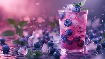 Fotobehang Chilled Blueberry Cocktail on Glossy Surface,  artistic portrayal of a plant-based drink with blueberries, ice, and liquid in a magenta glass © Viktorikus