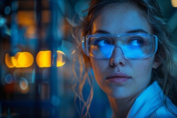 A young woman wearing protective glasses in a scientific lab with ambient blue lighting and bokeh effect