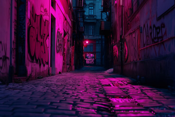 Dark alleyway with graffiti art. Underground city street with wall covered with graffiti in neon...