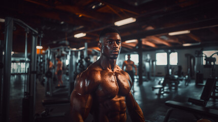Fototapeta na wymiar Portrait of a black male bodybuilder model prepare to workout at gym.