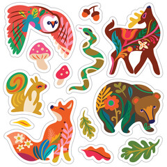 Sticker set, Forest animals in folk style - 748909284
