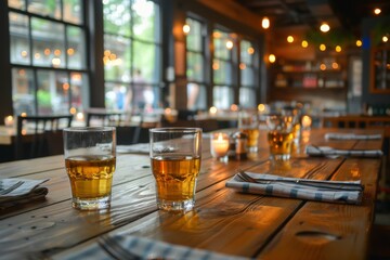 Two glasses of beer on a rustic wooden table inside a warm, inviting pub, reflecting leisure and togetherness