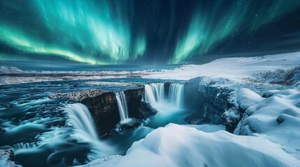 The Northern Lights over a snowy Icelandic waterfall. Generative Ai.
