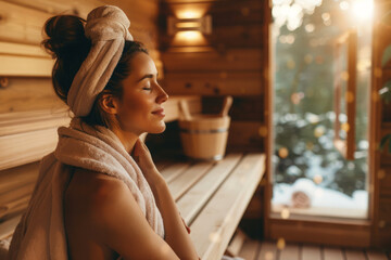 Woman unwinding in sauna. Female wrapped in towel relaxes at spa, sitting on wooden bench - obrazy, fototapety, plakaty