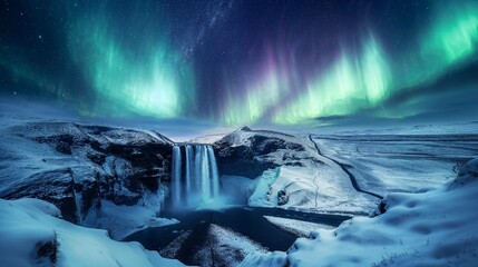 The Northern Lights over a snowy Icelandic waterfall. Generative Ai.