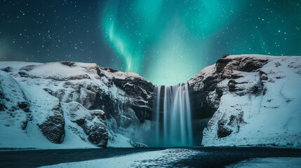 The Northern Lights over a snowy Icelandic waterfall. Generative Ai.
