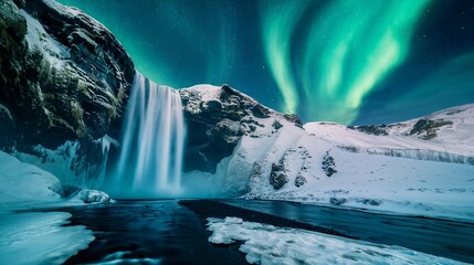 The Northern Lights over a snowy Icelandic waterfall. Generative Ai.