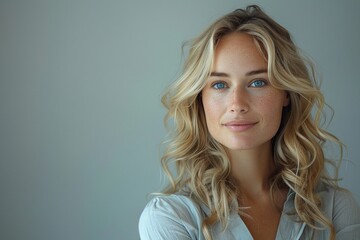 An attractive young woman, around 25, flaunting chic, flowing blonde hair, donning a crisp white blouse, and mesmerizing blue eyes plain grey background - obrazy, fototapety, plakaty