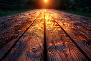 The glistening wet surface of a wooden deck reflects the warm hues of a tranquil sunset in a serene and reflective outdoor setting