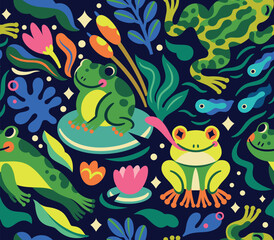 Bright cartoon frogs and tadpoles characters are jumping and swimming in the pond. Seamless pattern