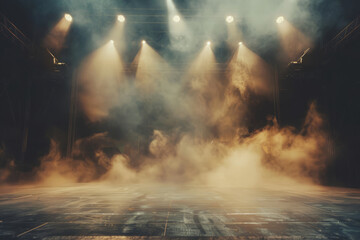 Concert stage against with dramatic lighting and atmospheric smoke. Empty musical stage with...